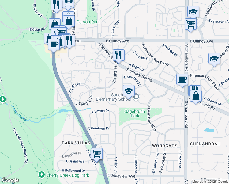 map of restaurants, bars, coffee shops, grocery stores, and more near 4655 South Dillon Court in Aurora