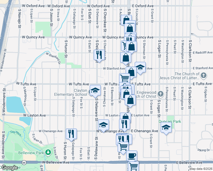 map of restaurants, bars, coffee shops, grocery stores, and more near 4600 South Cherokee Street in Englewood