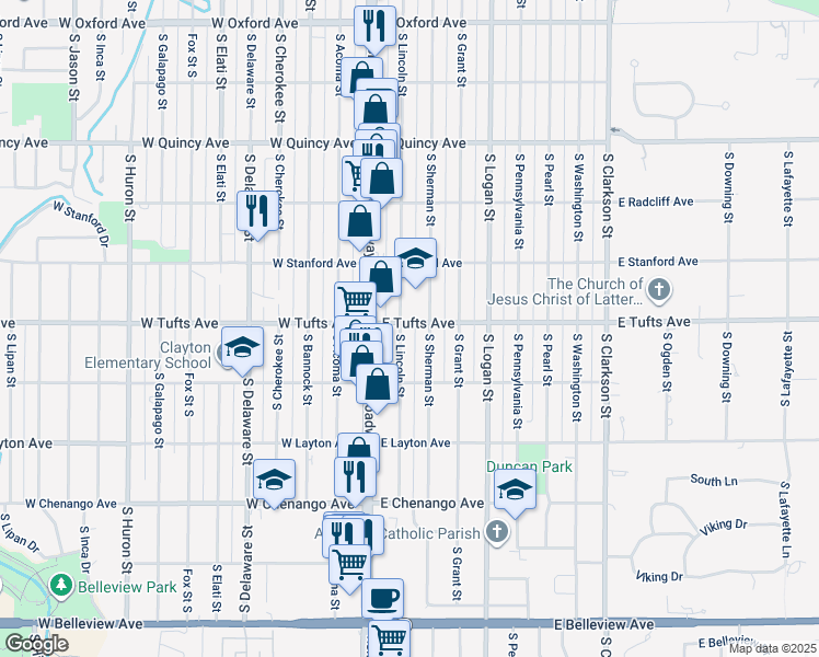 map of restaurants, bars, coffee shops, grocery stores, and more near 4600 S Lincoln St in Englewood