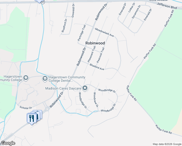 map of restaurants, bars, coffee shops, grocery stores, and more near 11604 Peacock Trail in Hagerstown