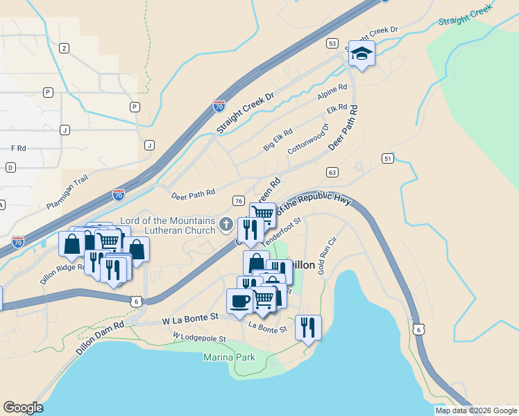 map of restaurants, bars, coffee shops, grocery stores, and more near 444 Evergreen Road in Dillon