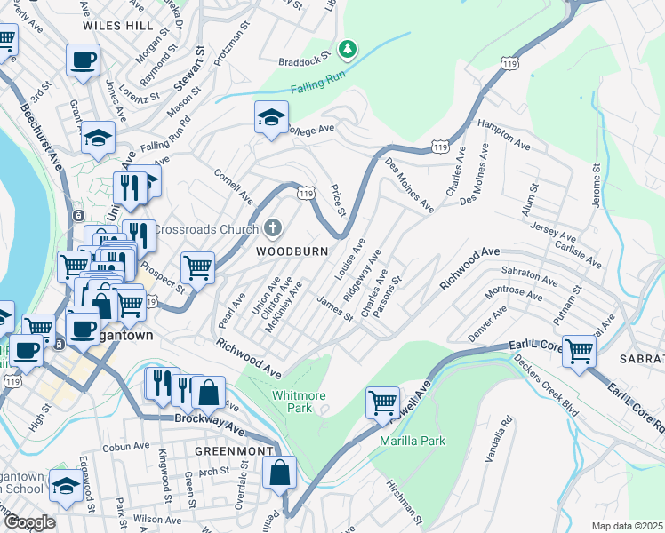 map of restaurants, bars, coffee shops, grocery stores, and more near 846 Monongalia Avenue in Morgantown