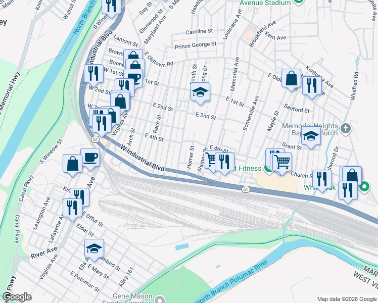 map of restaurants, bars, coffee shops, grocery stores, and more near 415 Homer Street in Cumberland