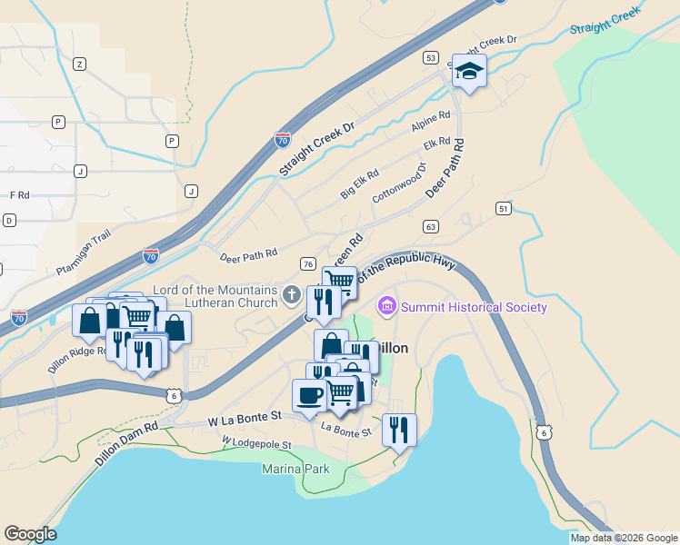 map of restaurants, bars, coffee shops, grocery stores, and more near 70 Evergreen Road in Dillon