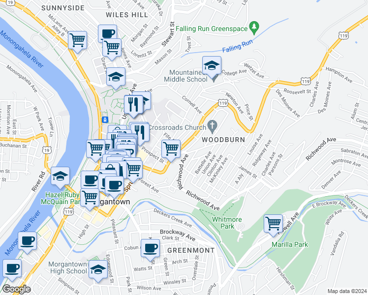 map of restaurants, bars, coffee shops, grocery stores, and more near 694 Willey Street in Morgantown