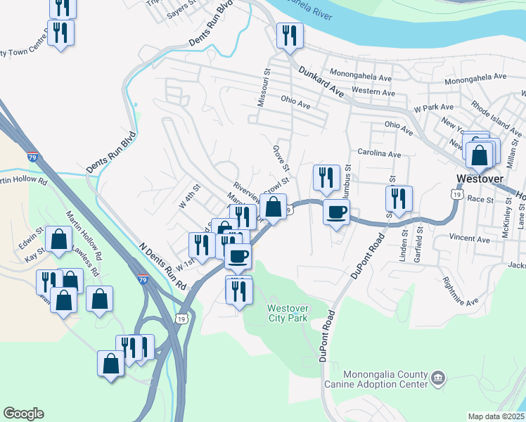 map of restaurants, bars, coffee shops, grocery stores, and more near 301 Riverview Avenue in Morgantown