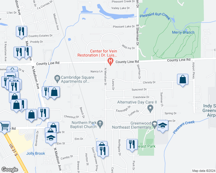 map of restaurants, bars, coffee shops, grocery stores, and more near 1067 North Meridian Street in Greenwood