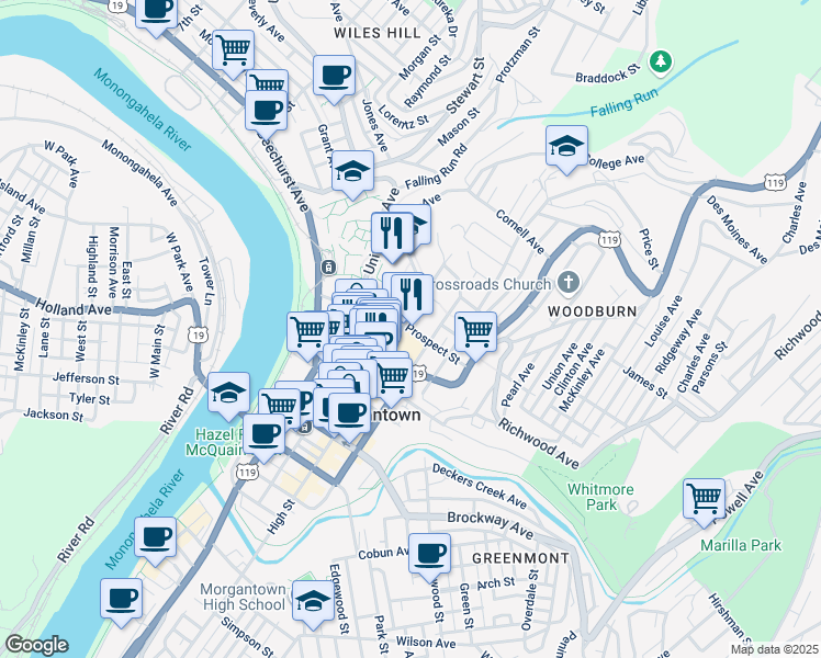 map of restaurants, bars, coffee shops, grocery stores, and more near 208 Prospect Street in Morgantown