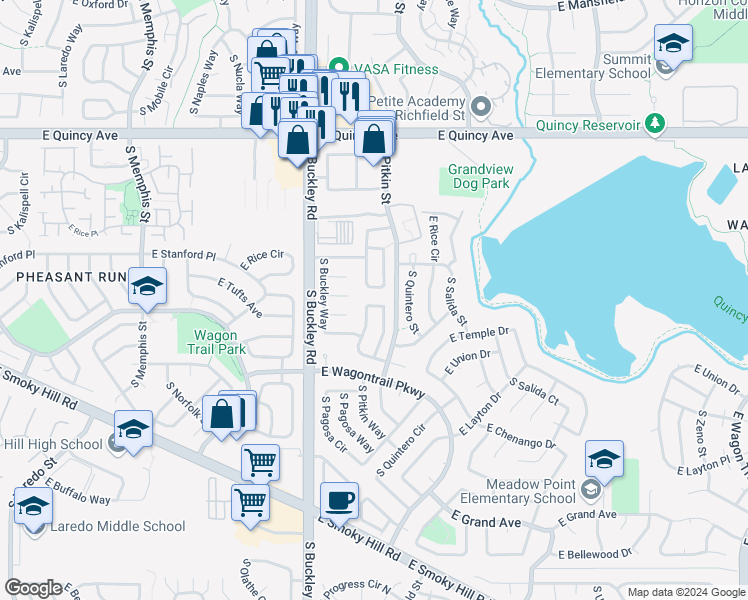 map of restaurants, bars, coffee shops, grocery stores, and more near 4612 South Pagosa Circle in Aurora