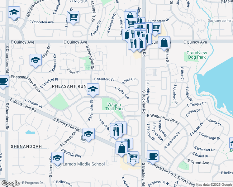 map of restaurants, bars, coffee shops, grocery stores, and more near 16670 East Tufts Avenue in Aurora