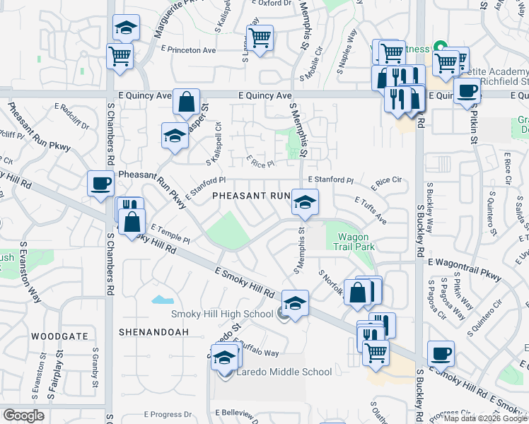map of restaurants, bars, coffee shops, grocery stores, and more near 4639 South Laredo Street in Aurora