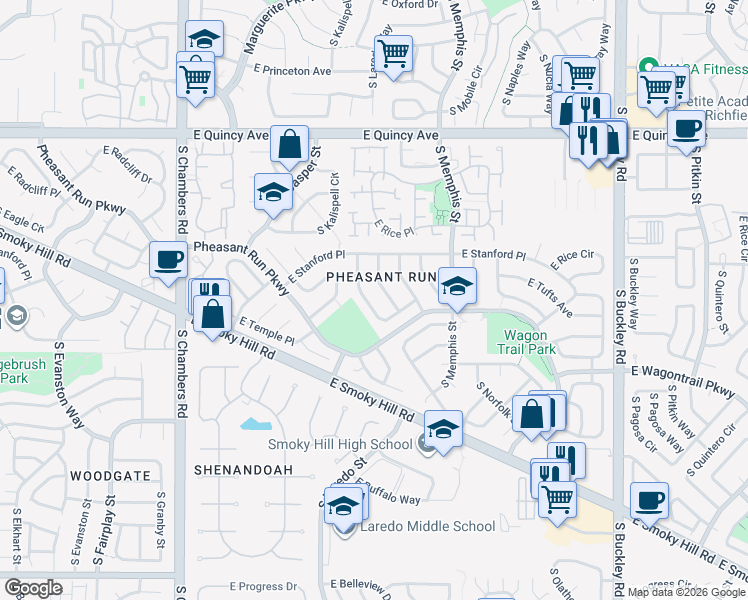 map of restaurants, bars, coffee shops, grocery stores, and more near 4614 South Kalispell Way in Aurora