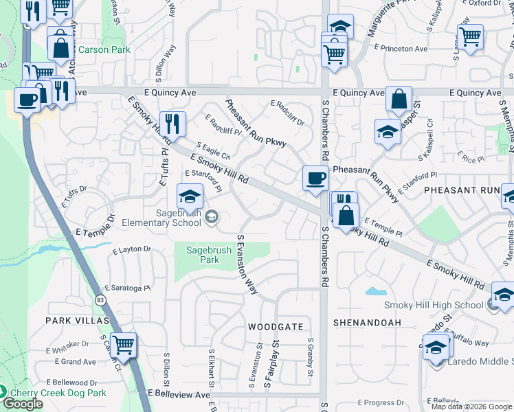 map of restaurants, bars, coffee shops, grocery stores, and more near 15002 East Tufts Place in Aurora