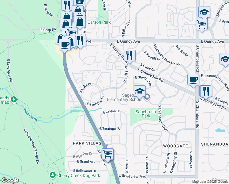 map of restaurants, bars, coffee shops, grocery stores, and more near 4624 South Crystal Way in Aurora