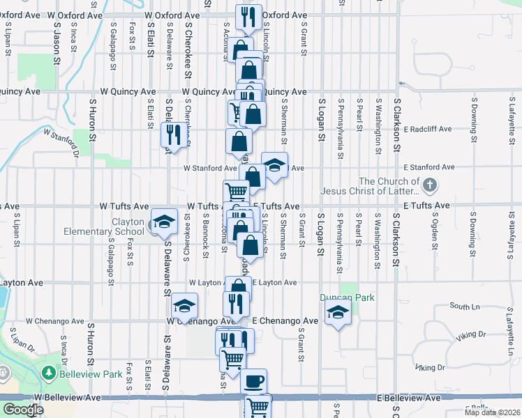 map of restaurants, bars, coffee shops, grocery stores, and more near 4600 South Lincoln Street in Englewood