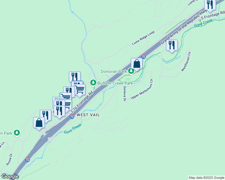 map of restaurants, bars, coffee shops, grocery stores, and more near 1753 Shasta Place in Vail