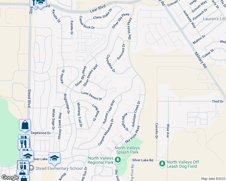 map of restaurants, bars, coffee shops, grocery stores, and more near 11550 Desert Bloom Drive in Reno