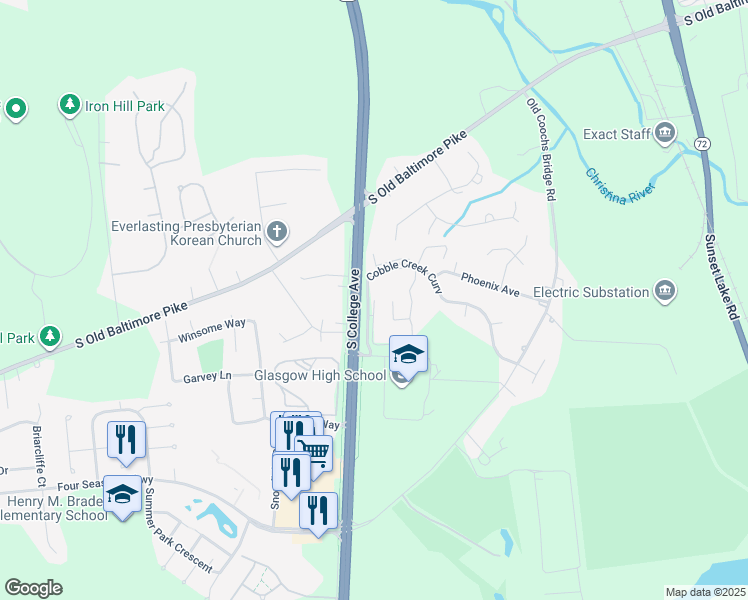 map of restaurants, bars, coffee shops, grocery stores, and more near 401-409 Cobble Creek Curve in Newark