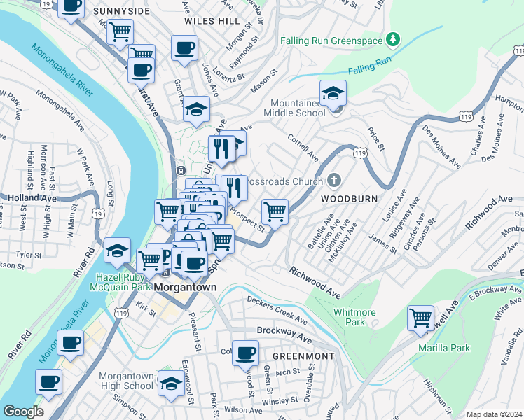 map of restaurants, bars, coffee shops, grocery stores, and more near 274 Wiles Street in Morgantown