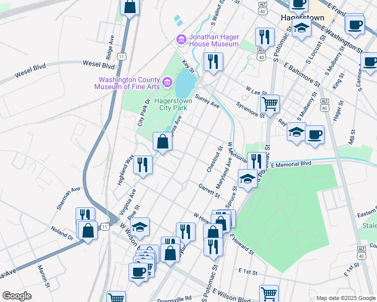 map of restaurants, bars, coffee shops, grocery stores, and more near 540 Summit Avenue in Hagerstown