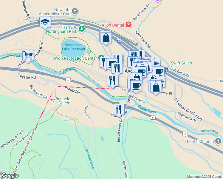 map of restaurants, bars, coffee shops, grocery stores, and more near Riverfront Lane in Avon