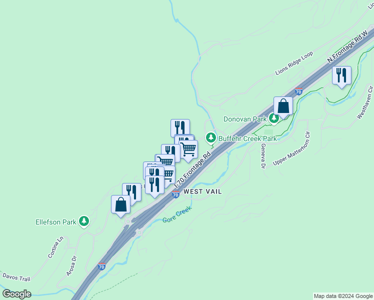 map of restaurants, bars, coffee shops, grocery stores, and more near 2096 Zermatt Lane in Vail