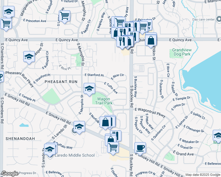 map of restaurants, bars, coffee shops, grocery stores, and more near 16670 East Tufts Avenue in Aurora