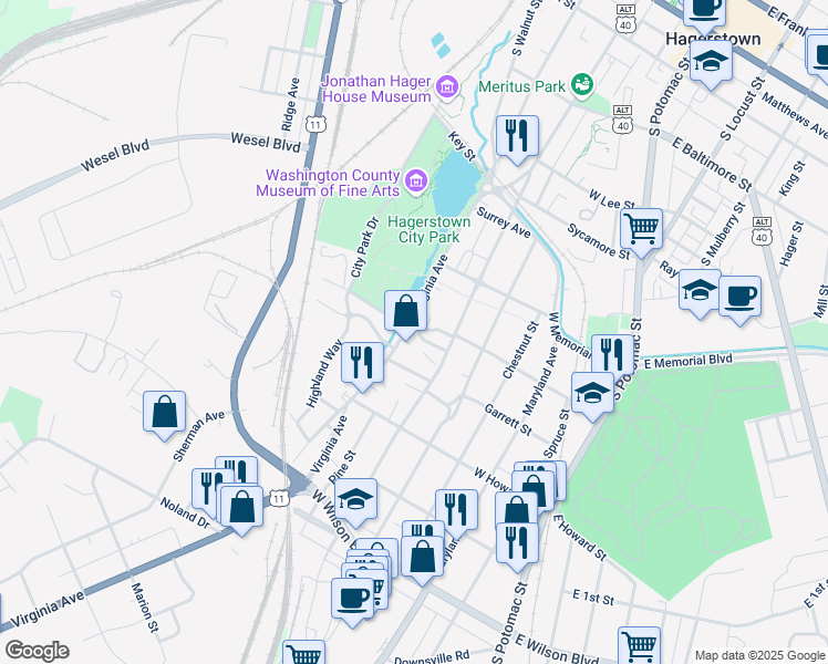 map of restaurants, bars, coffee shops, grocery stores, and more near 656 Virginia Avenue in Hagerstown