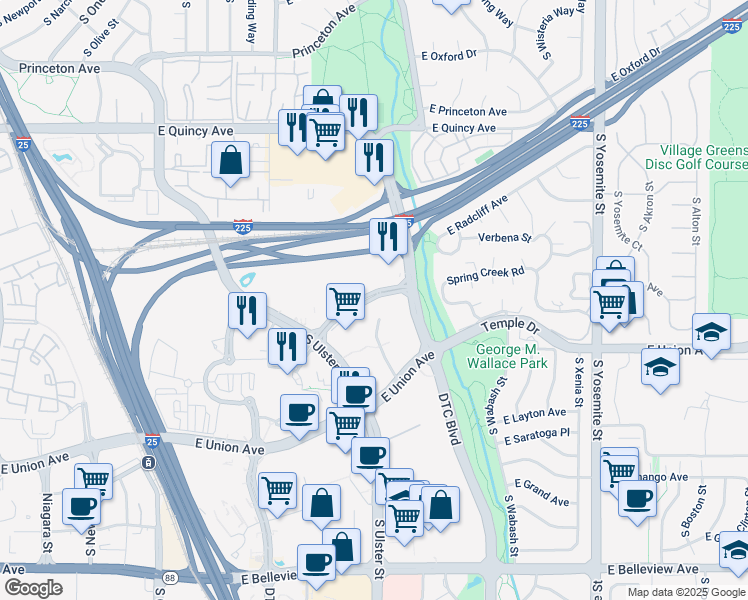 map of restaurants, bars, coffee shops, grocery stores, and more near 8148 East Tufts Avenue in Denver