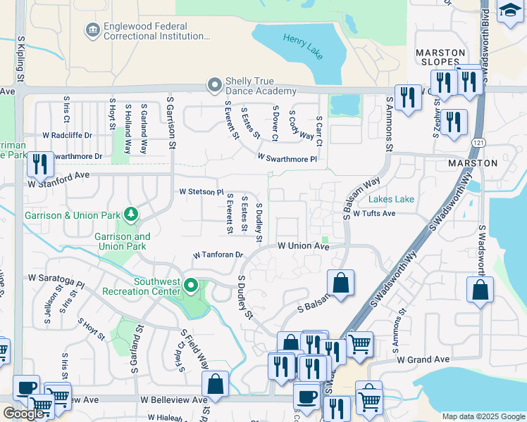 map of restaurants, bars, coffee shops, grocery stores, and more near 4602 South Dudley Street in Littleton