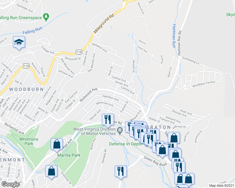 map of restaurants, bars, coffee shops, grocery stores, and more near 1248 Richwood Avenue in Morgantown