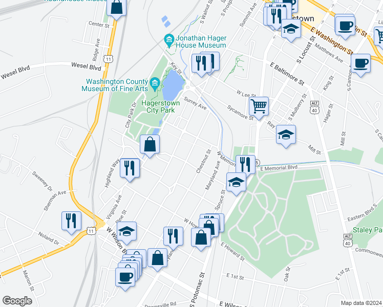 map of restaurants, bars, coffee shops, grocery stores, and more near 538 Guilford Avenue in Hagerstown
