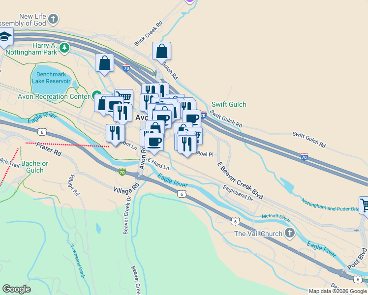 map of restaurants, bars, coffee shops, grocery stores, and more near 230 Chapel Place in Avon
