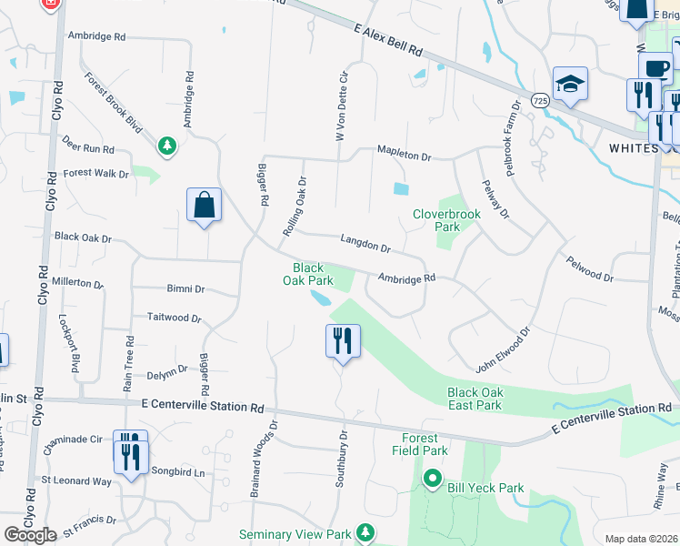 map of restaurants, bars, coffee shops, grocery stores, and more near 1570 Ambridge Road in Centerville