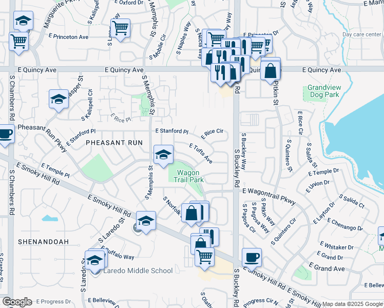 map of restaurants, bars, coffee shops, grocery stores, and more near 16670 East Tufts Avenue in Aurora