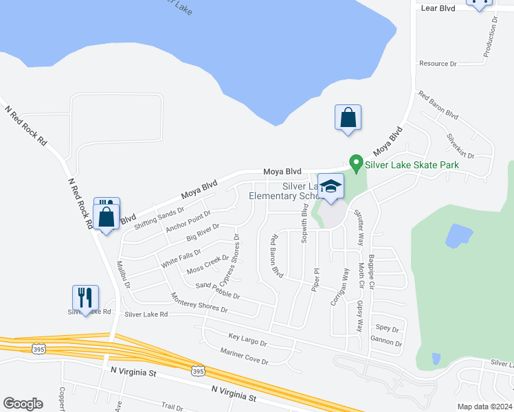 map of restaurants, bars, coffee shops, grocery stores, and more near 7820 Big River Drive in Reno