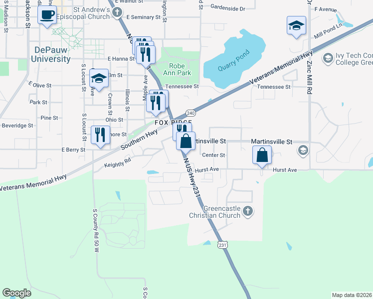 map of restaurants, bars, coffee shops, grocery stores, and more near 1205 South Bloomington Street in Greencastle