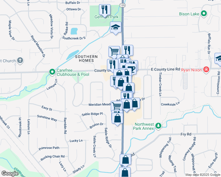 map of restaurants, bars, coffee shops, grocery stores, and more near 1137 Meridian Meadows Court in Greenwood