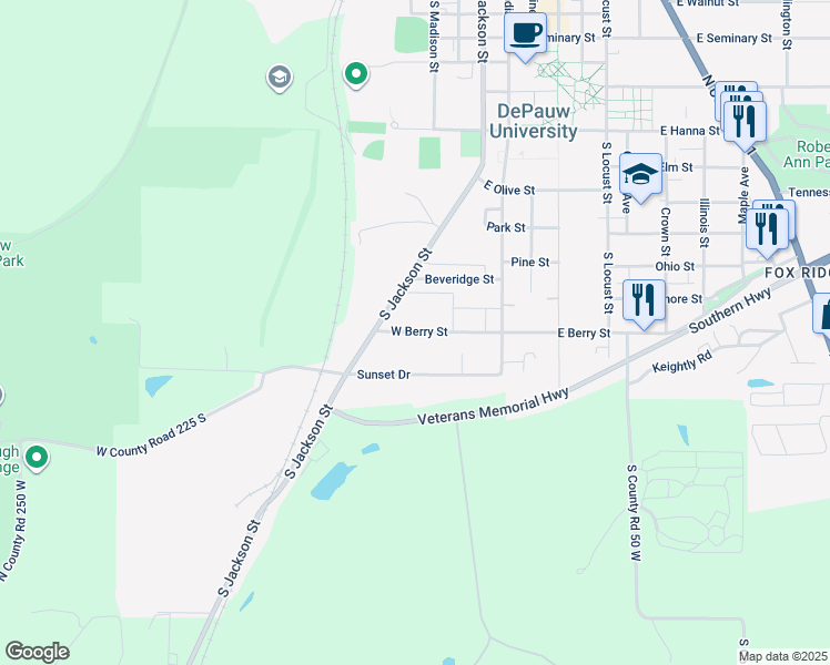 map of restaurants, bars, coffee shops, grocery stores, and more near 128 West Berry Street in Greencastle