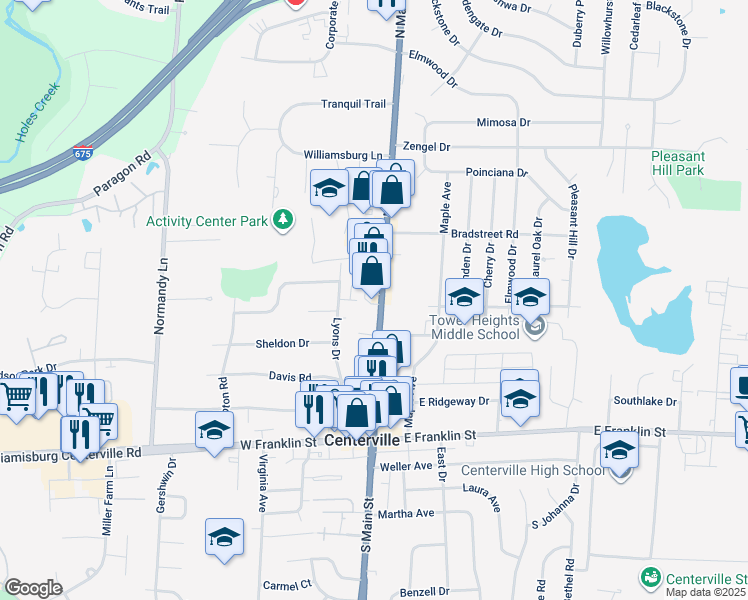 map of restaurants, bars, coffee shops, grocery stores, and more near 185 North Main Street in Centerville