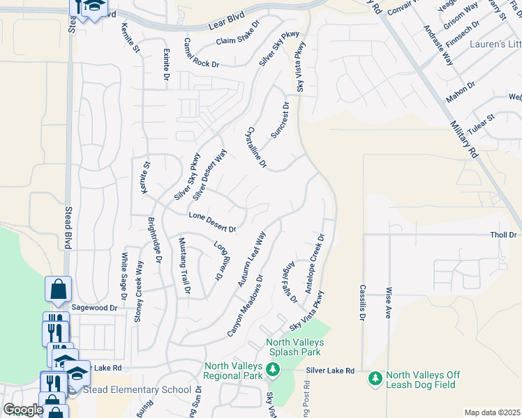 map of restaurants, bars, coffee shops, grocery stores, and more near 11550 Desert Bloom Drive in Reno