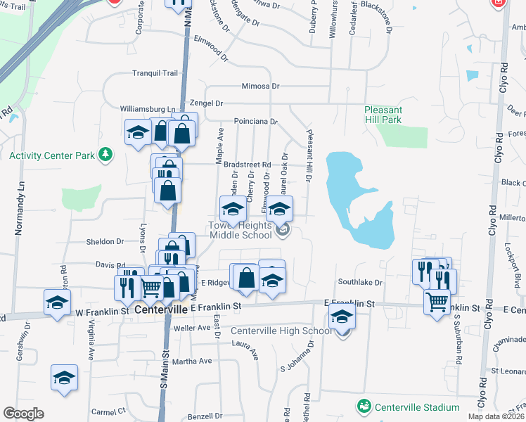 map of restaurants, bars, coffee shops, grocery stores, and more near 161 Elmwood Drive in Centerville
