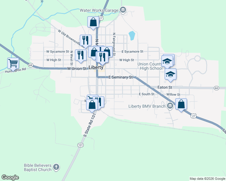 map of restaurants, bars, coffee shops, grocery stores, and more near 206 South Fairground Street in Liberty