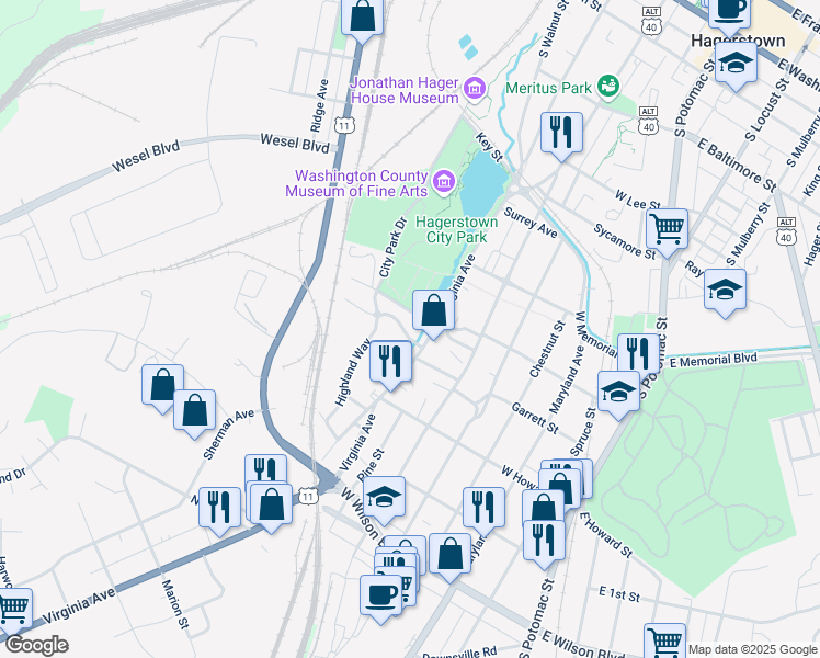 map of restaurants, bars, coffee shops, grocery stores, and more near 608 Sunset Avenue in Hagerstown