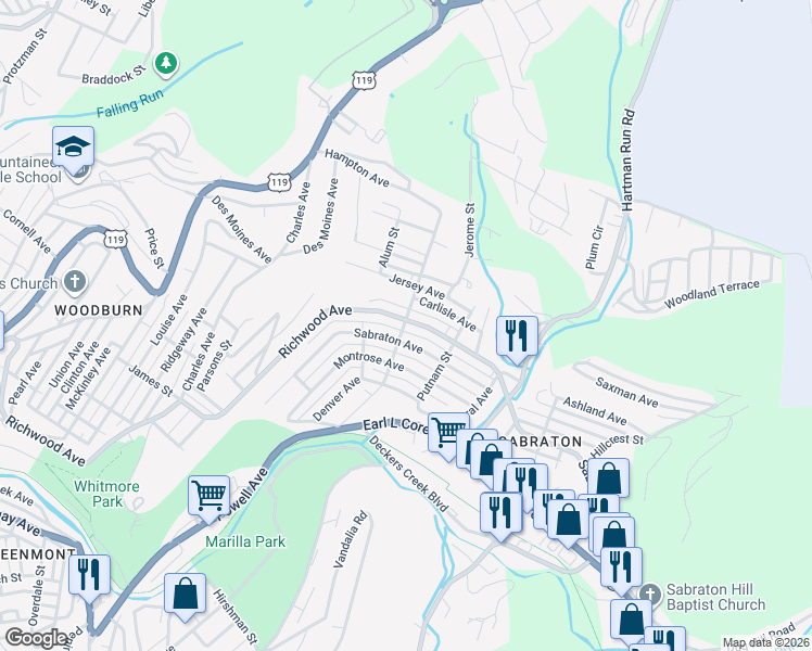 map of restaurants, bars, coffee shops, grocery stores, and more near 1242 Richwood Avenue in Morgantown