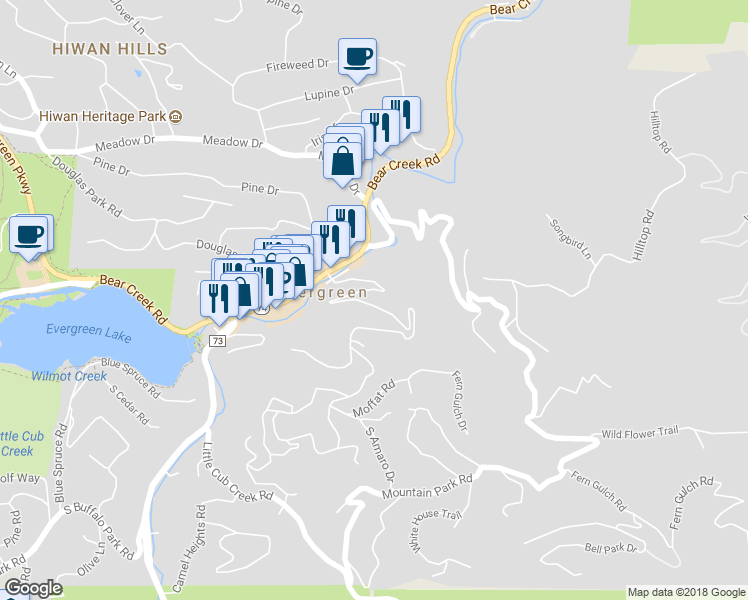 map of restaurants, bars, coffee shops, grocery stores, and more near 4540 Forest Hill Road in Evergreen