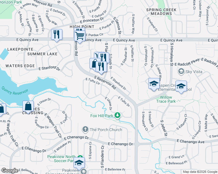 map of restaurants, bars, coffee shops, grocery stores, and more near 4648 South Flanders Way in Centennial