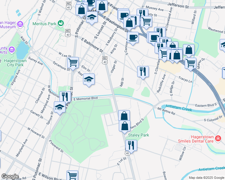 map of restaurants, bars, coffee shops, grocery stores, and more near 406 Frederick Street in Hagerstown