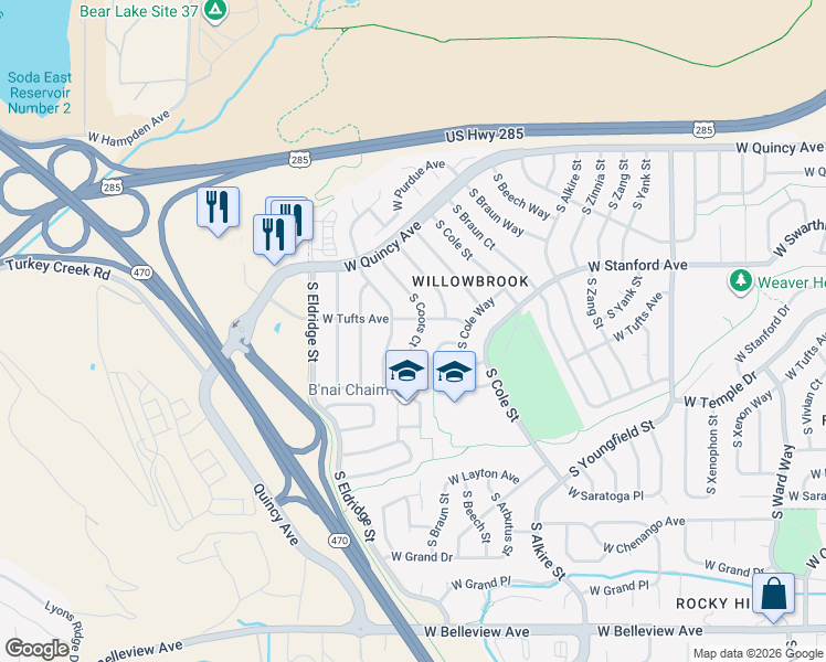 map of restaurants, bars, coffee shops, grocery stores, and more near 4619 South Coors Court in Morrison