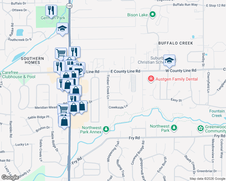 map of restaurants, bars, coffee shops, grocery stores, and more near 1548 Stonehedge Court in Greenwood
